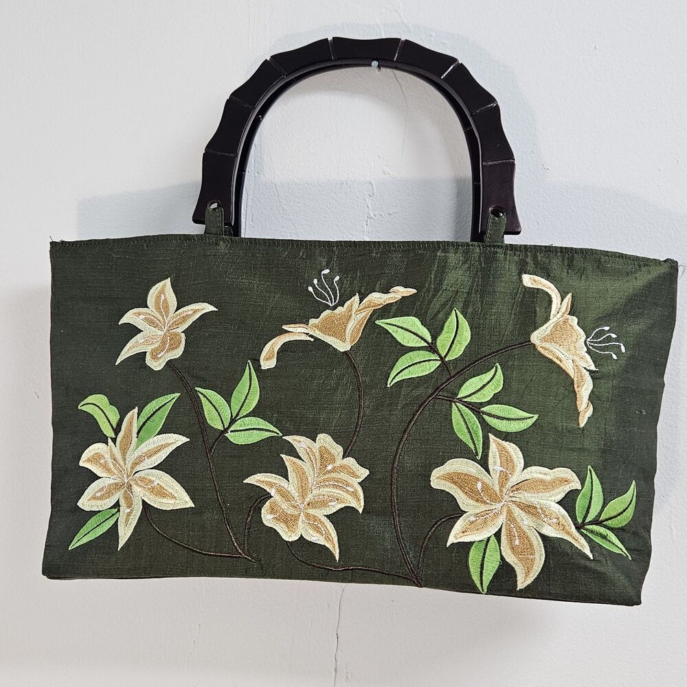 Embroidered Purse Floral Tote Bag Green Brown Lightweight